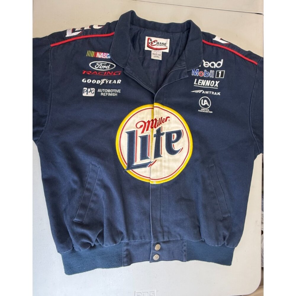 Vintage NASCAR MILLER LITE Racing Jacket L Navy CHASE AUTHENTIC Embroidered